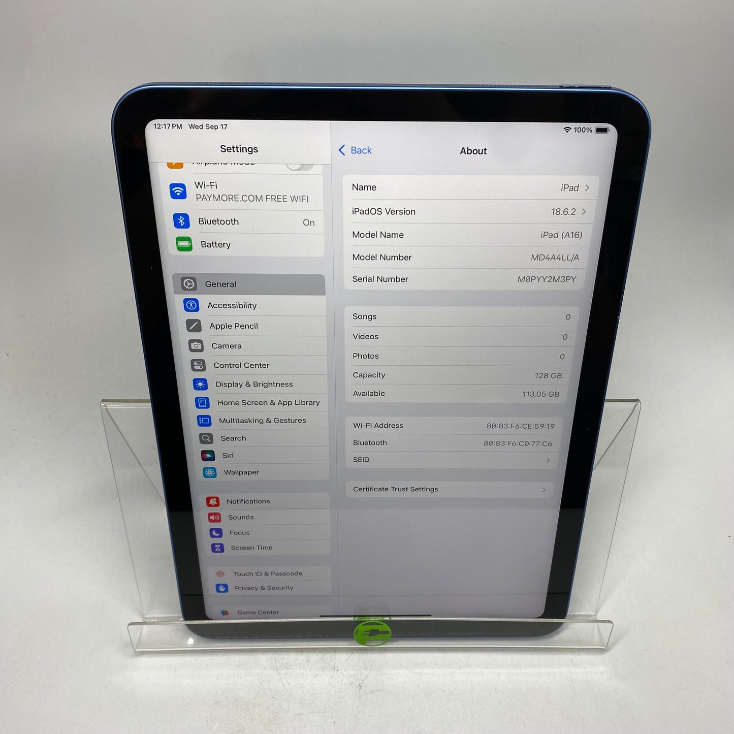WiFi Only Apple iPad 11" (A16) 128GB 18.6.2 Blue MD4A4LL/A