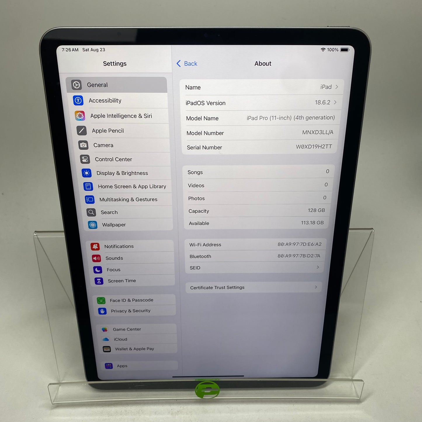 WiFi Only Apple iPad Pro 11" 4th Gen 128GB Space Gray MNXD3LL/A