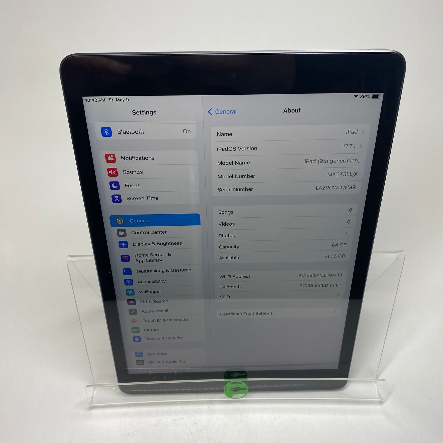 WiFi Only Apple iPad 9th Gen 64GB Space Gray MK2K3LL/A