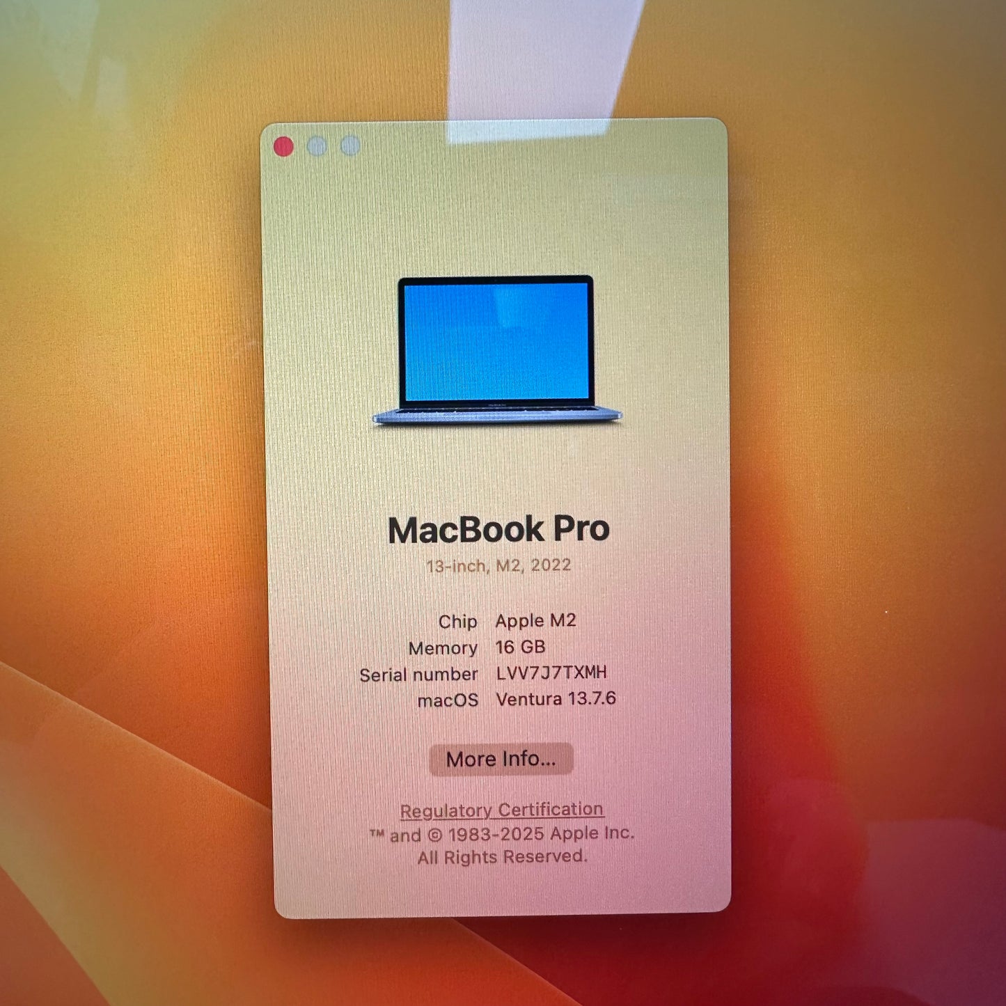 2022 Apple MacBook Pro 13.3" M2 10C GPU 3.5GHz 16GB RAM 512GB SSD A2338
