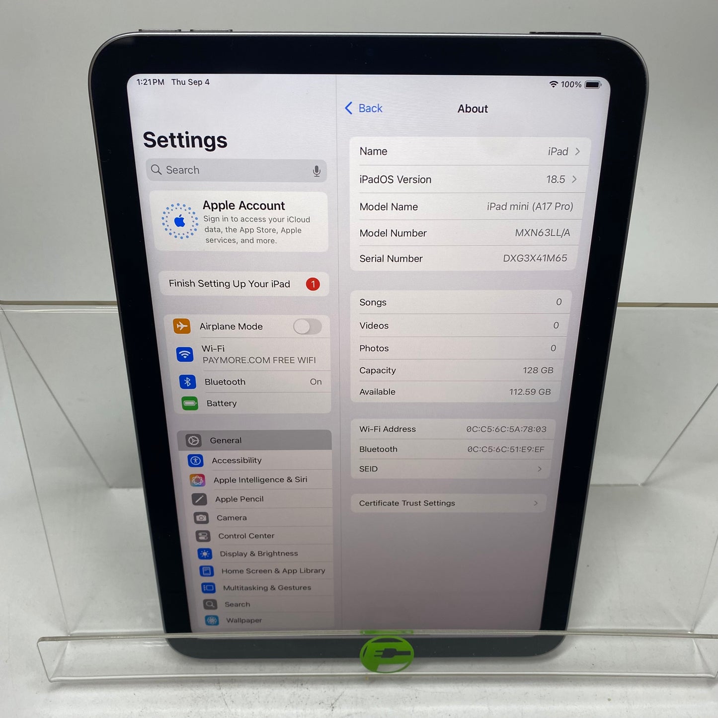 WiFi Only Apple iPad mini (A17 Pro) 128GB Space Gray MXN63LL/A