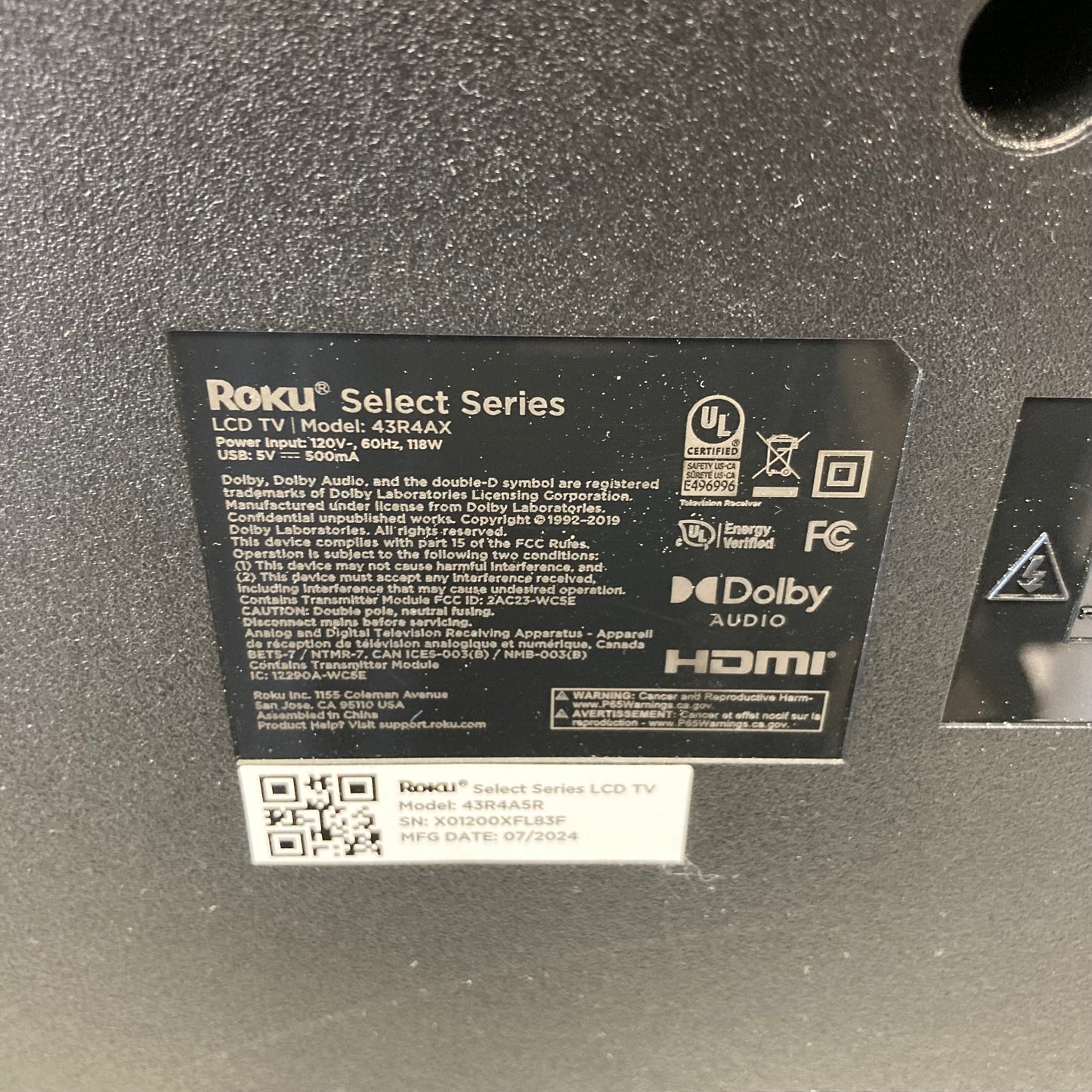 Roku 43" 43R4A5R Select Series 4K LED 3840 x 2160 Smart Roku TV (2023)