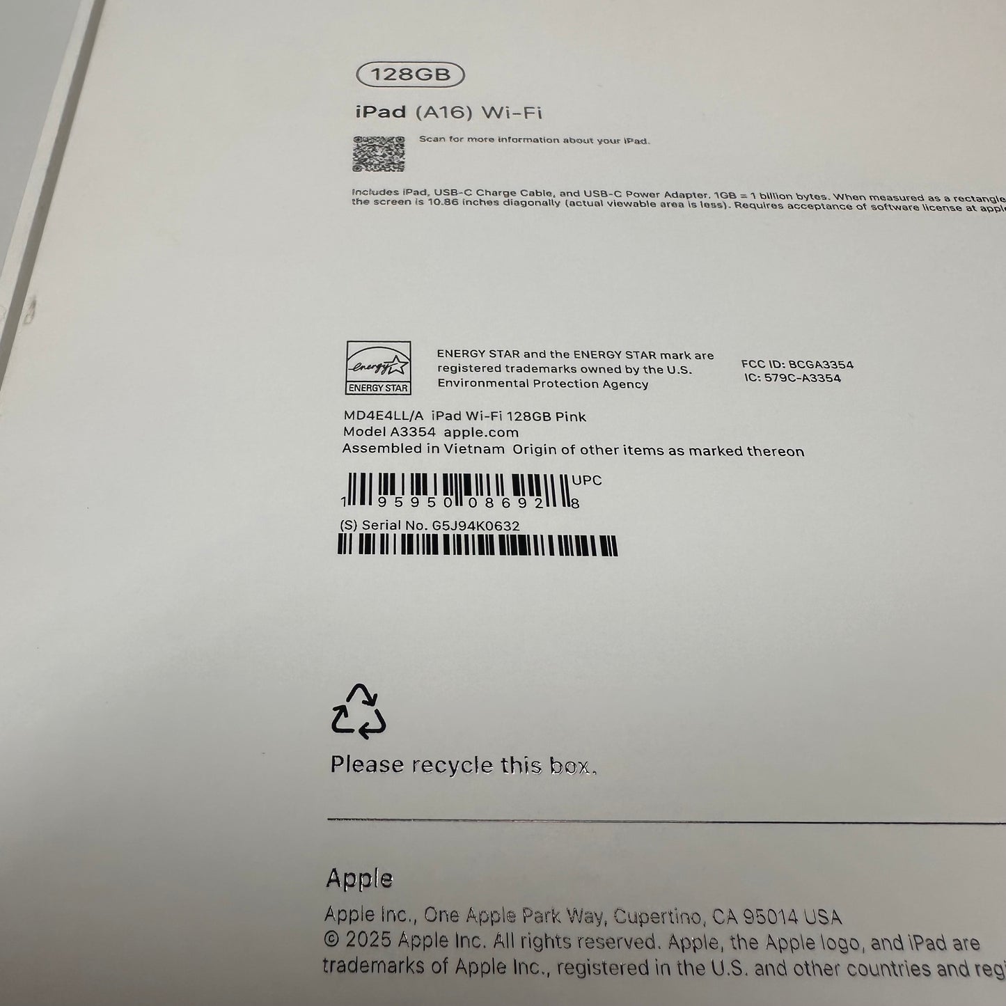 New WiFi Only Apple iPad 11" (A16) 128GB Pink MD4D4LL/A