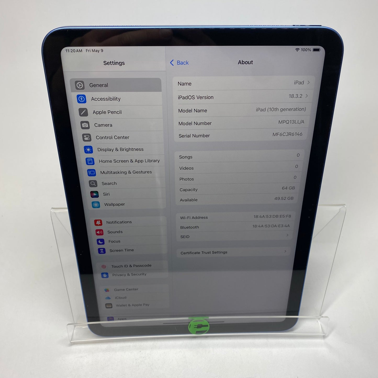 WiFi Only Apple iPad 10th Gen 64GB Blue MPQ13LL/A