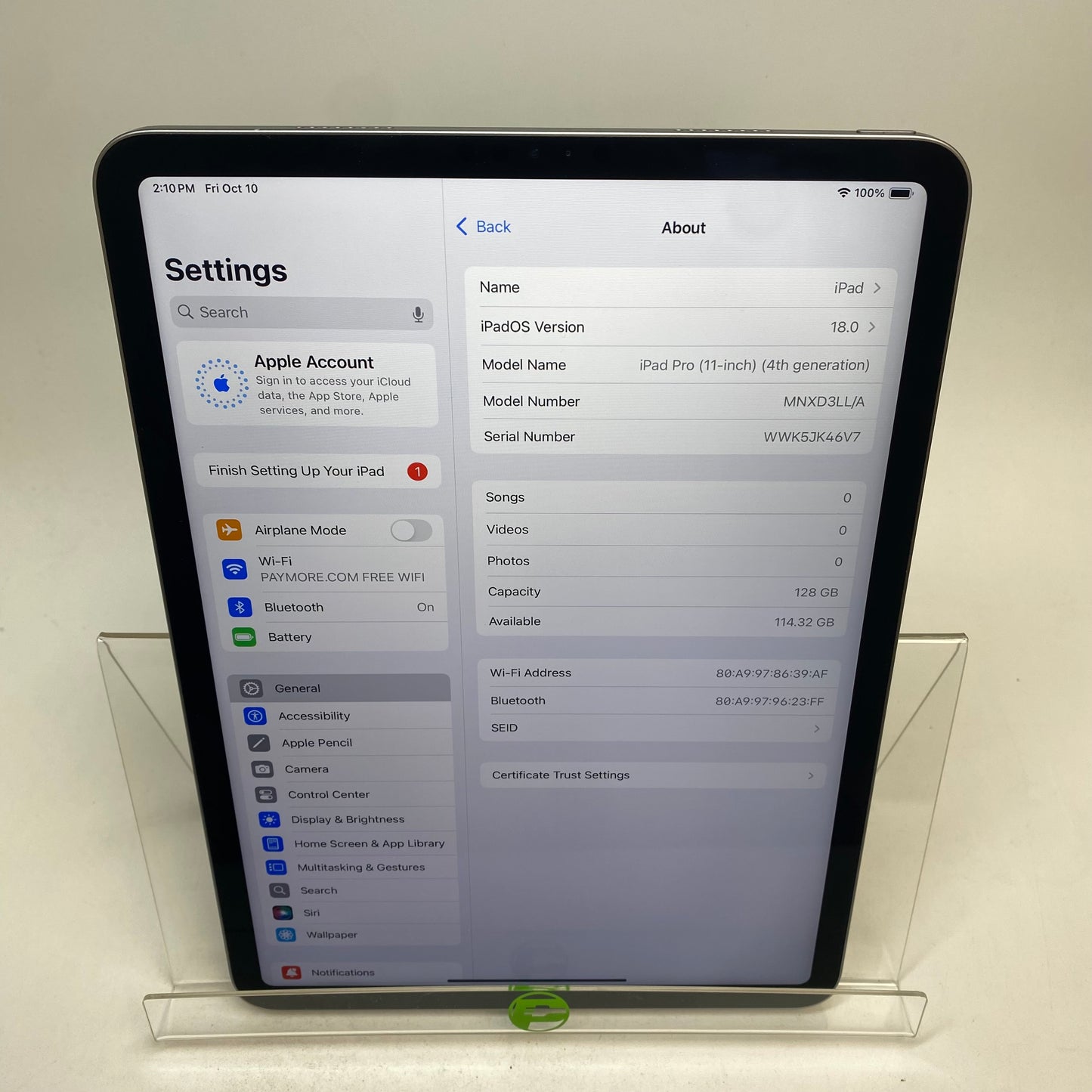 WiFi Only Apple iPad Pro 11" 4th Gen 128GB Space Gray MNXD3LL/A
