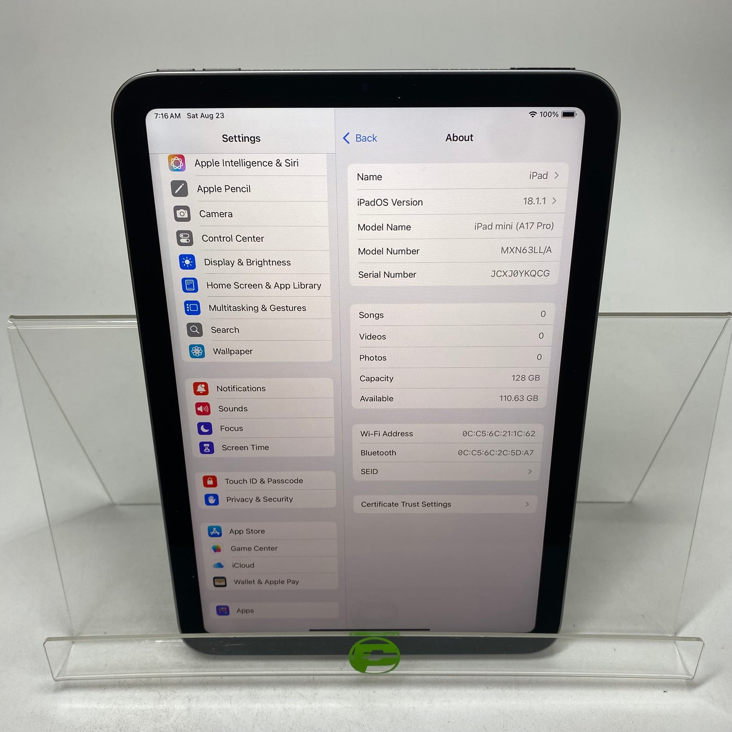 WiFi Only Apple iPad mini (A17 Pro) 128GB Space Gray MXN63LL/A