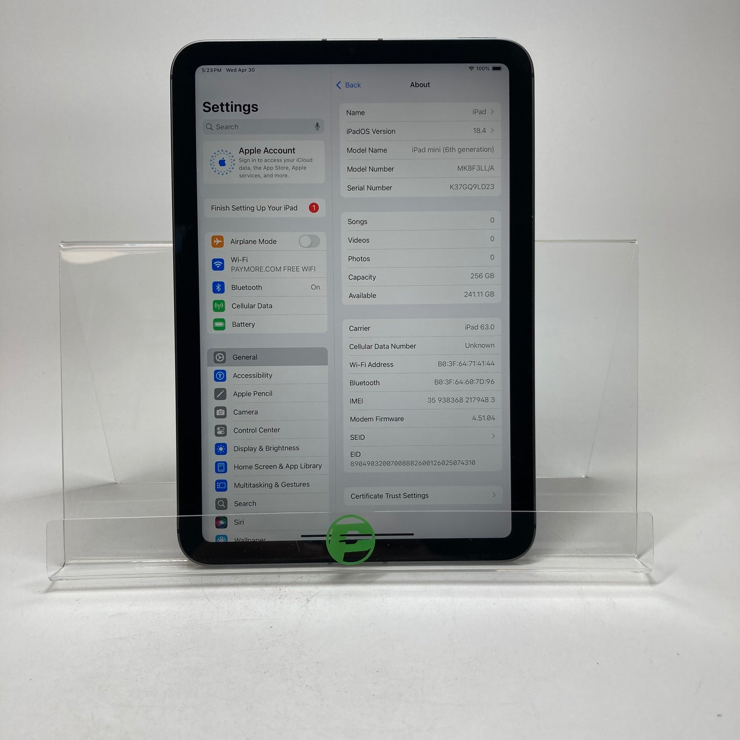 Factory Unlocked Apple iPad Mini 6th Gen 256GB 18.4 Space Gray MK8F3LL/A