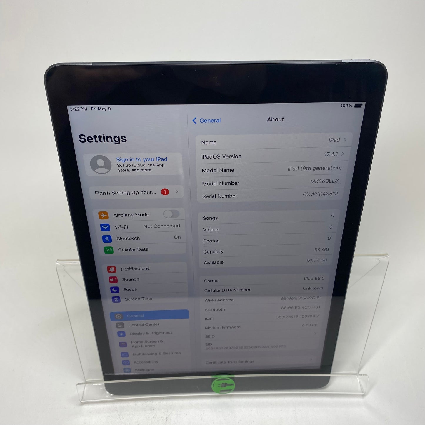 Factory Unlocked Apple iPad 9th Gen 64GB Space Gray MK663LL/A