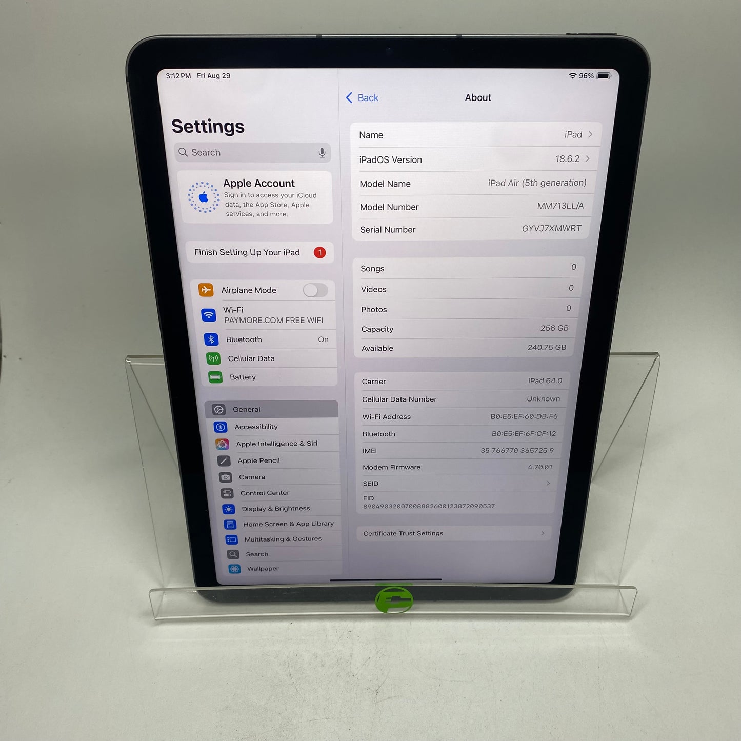 Factory Unlocked Apple iPad Air 5th Gen 256GB Space Gray MM713LL/A