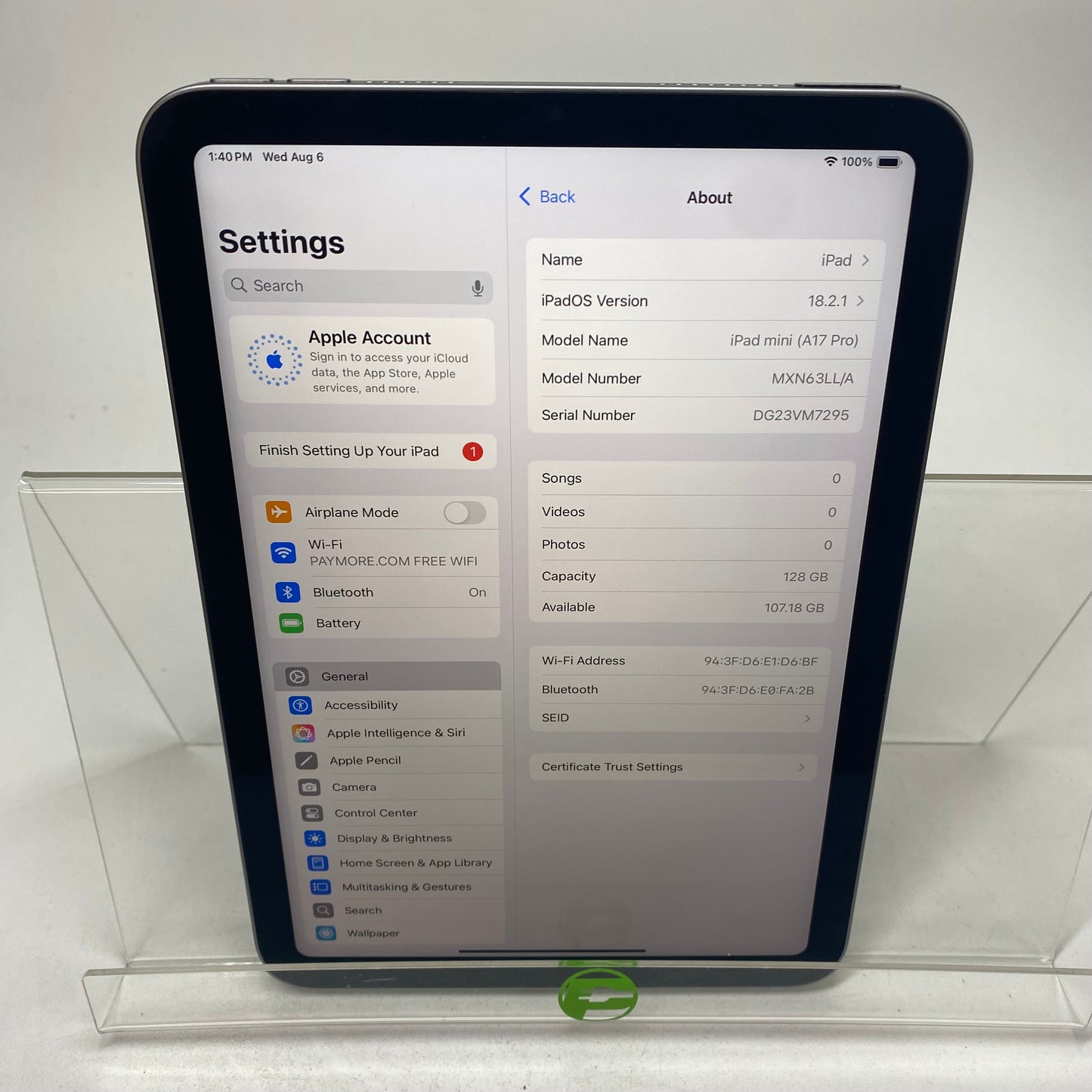WiFi Only Apple iPad mini (A17 Pro) 128GB Space Gray MXN63LL/A