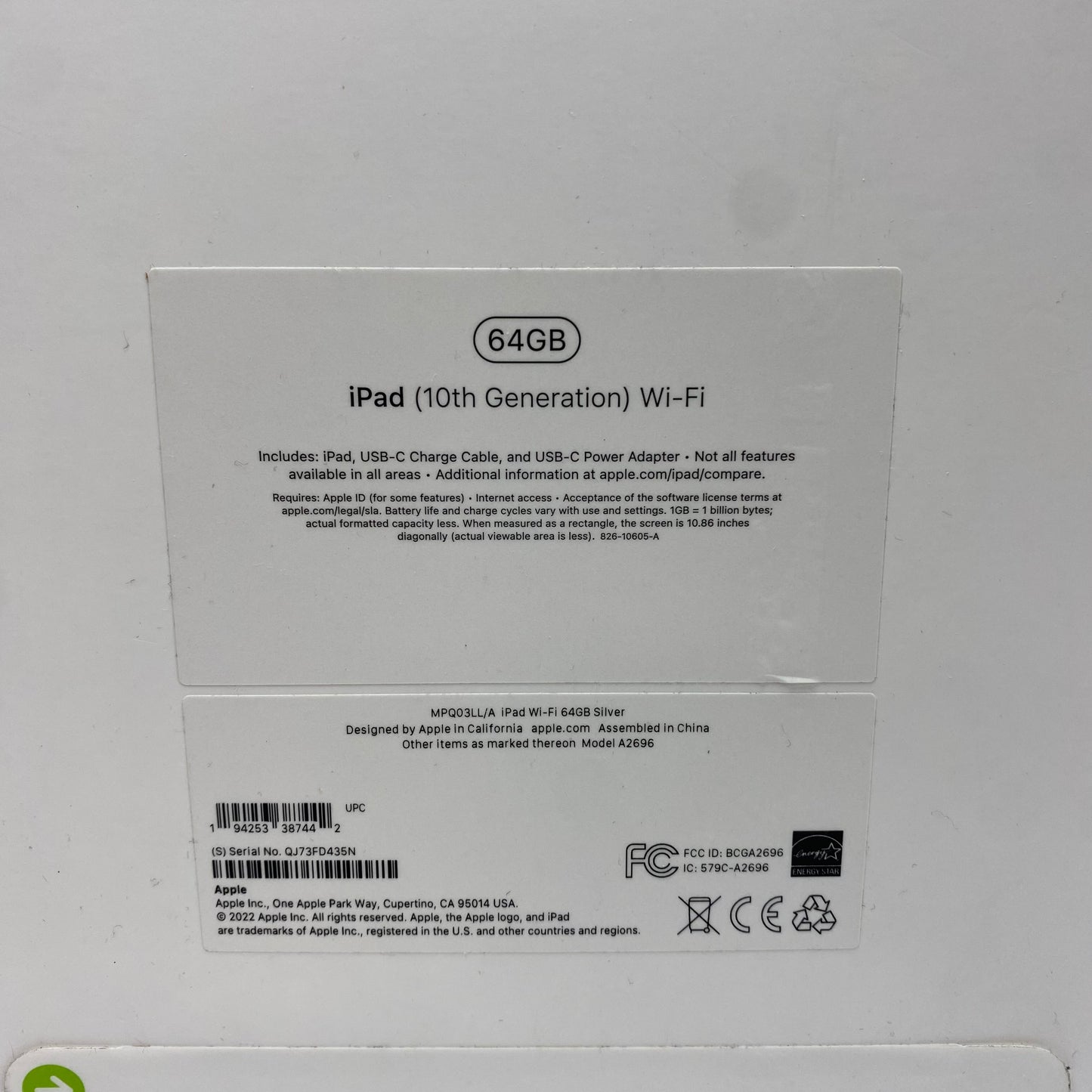 New WiFi Only Apple iPad 10th Gen 64GB Silver MPQ03LL/A