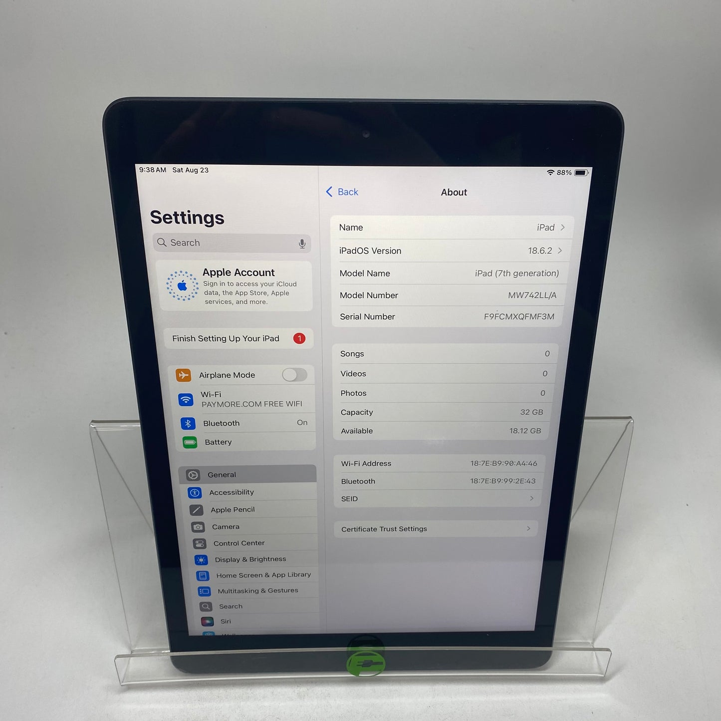 WiFi Only Apple iPad 7th Gen 32GB Space Gray MW742LL/A