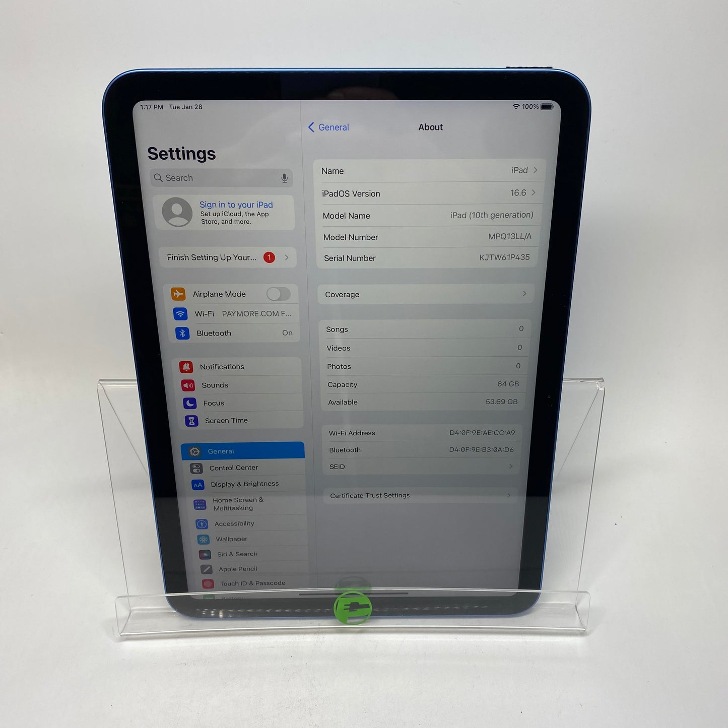 WiFi Only Apple iPad 10th Gen 64GB Blue MPQ13LL/A