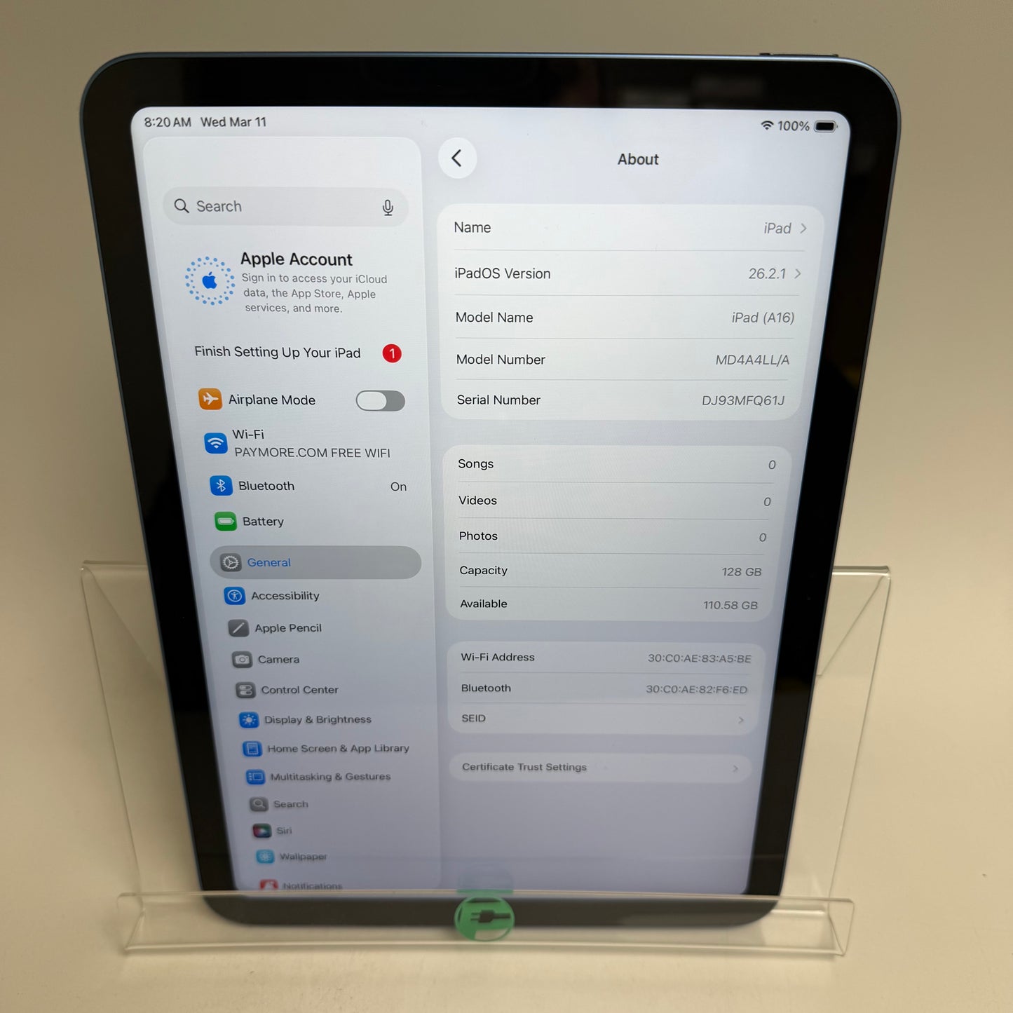 WiFi Only Apple iPad 11" (A16) 128GB Blue MD4A4LL/A