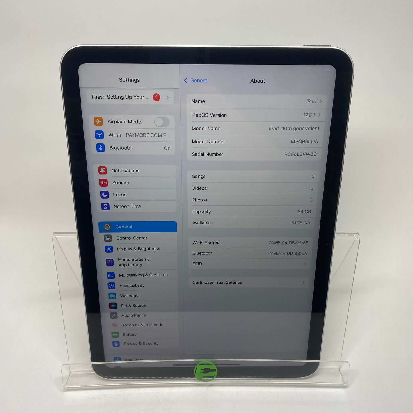 WiFi Only Apple iPad 10th Gen 64GB 17.6.1 Silver MPQ03LL/A