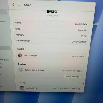 2024 Apple iMac 24" M4 8 Core 4.5GHz 16GB RAM 256GB SSD Blue MWUF3LL/A