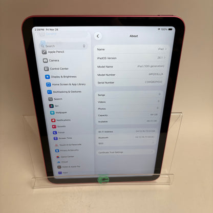WiFi Only Apple iPad 10th Gen 64GB Pink MPQ33LL/A