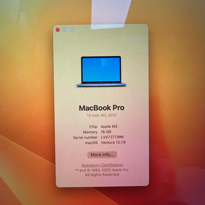2022 Apple MacBook Pro 13.3" M2 10C GPU 3.5GHz 16GB RAM 512GB SSD A2338