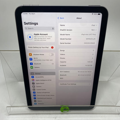 WiFi Only Apple iPad mini (A17 Pro) 128GB Space Gray MXN63LL/A