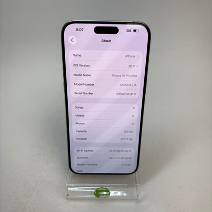 Factory Unlocked Apple iPhone 15 Pro Max 256GB Natural Titanium MU683LL/A