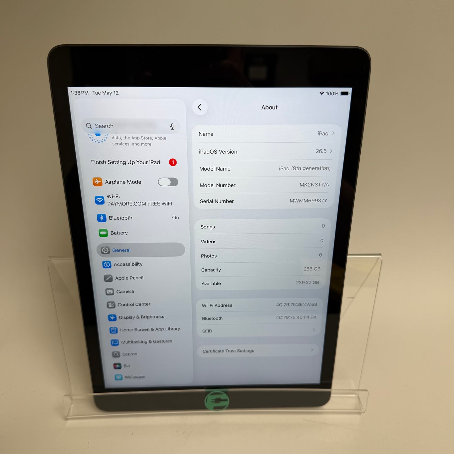 WiFi Only Apple iPad 9th Gen 256GB Space Gray MK2N3TY/A