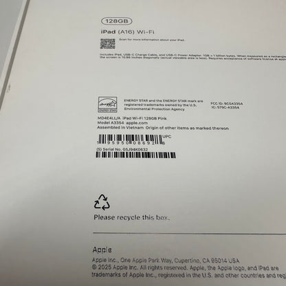 New WiFi Only Apple iPad 11" (A16) 128GB Pink MD4D4LL/A
