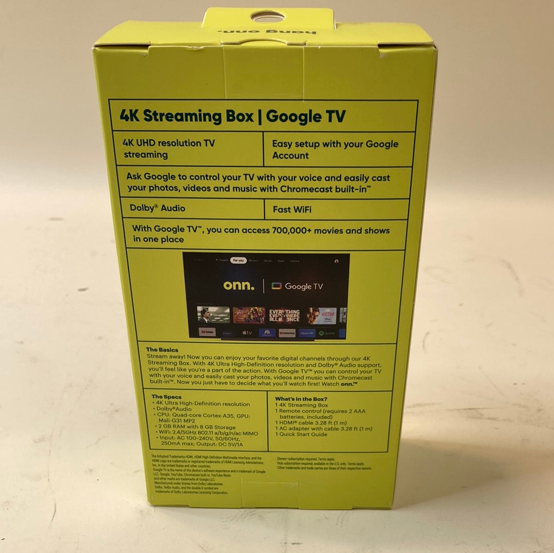 New Onn. Google TV 4K Streaming Box 2341A