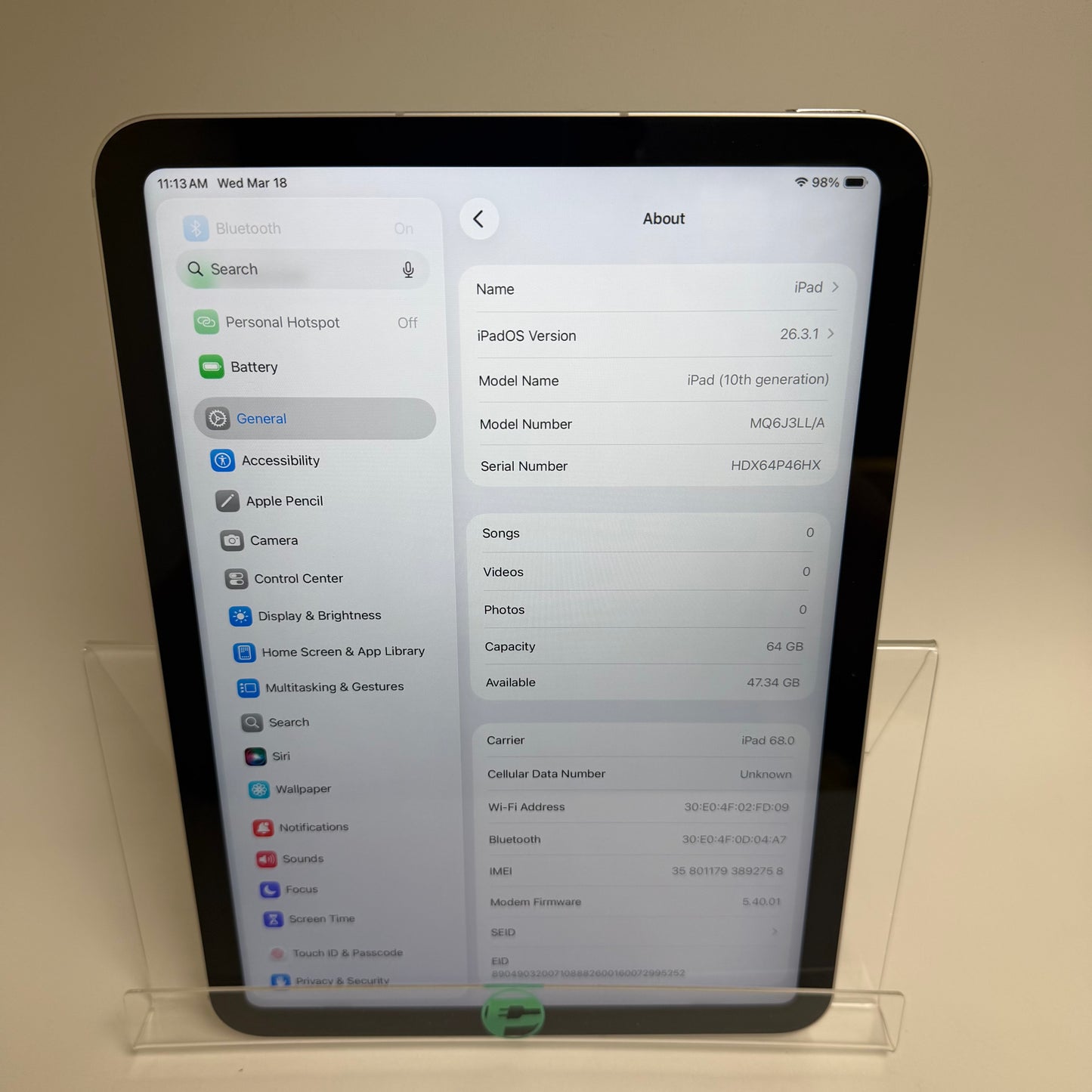 Factory Unlocked Apple iPad 10th Gen 64GB Silver MQ6J3LL/A