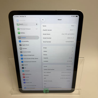 Factory Unlocked Apple iPad 10th Gen 64GB Silver MQ6J3LL/A