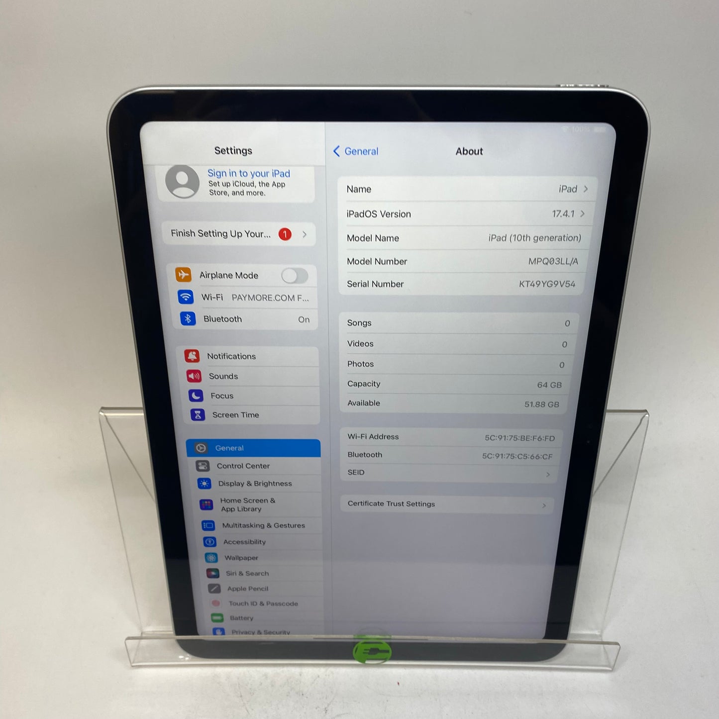 WiFi Only Apple iPad 10th Gen 64GB Silver MPQ03LL/A