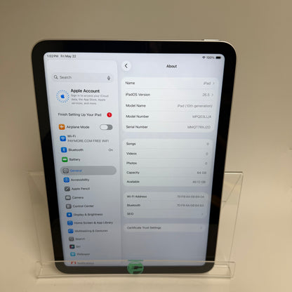 WiFi Only Apple iPad 10th Gen 64GB Silver MPQ03LL/A
