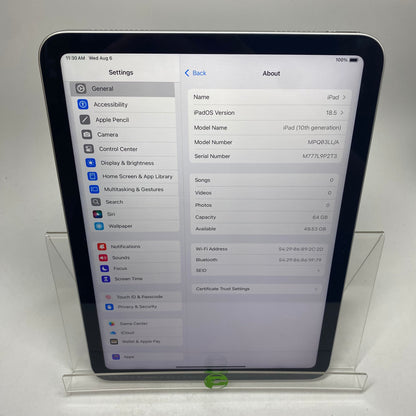 WiFi Only Apple iPad 10th Gen 64GB Silver MPQ03LL/A