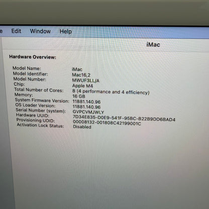 2024 Apple iMac 24" M4 8 Core 4.5GHz 16GB RAM 256GB SSD Blue MWUF3LL/A