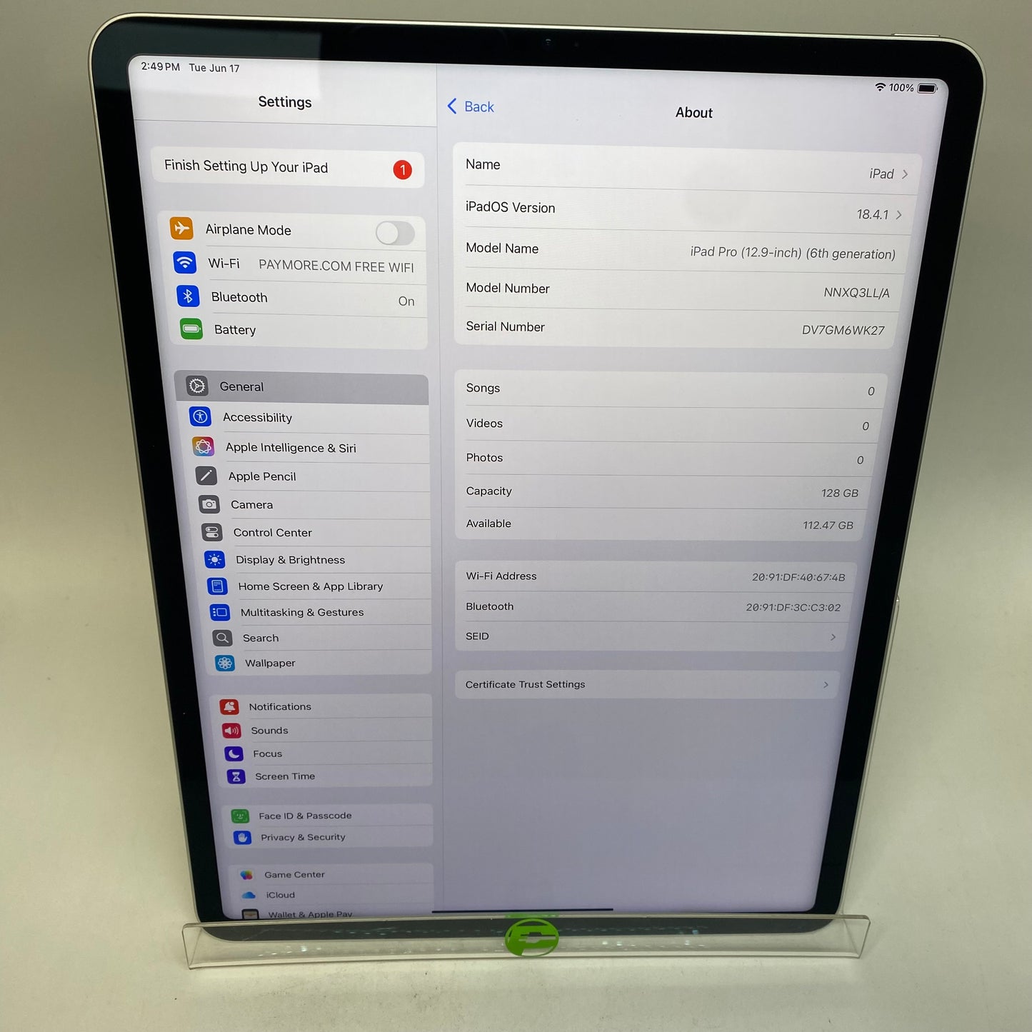 WiFi Only Apple iPad Pro 12.9" 6th Gen 128GB Silver NNXQ3LL/A
