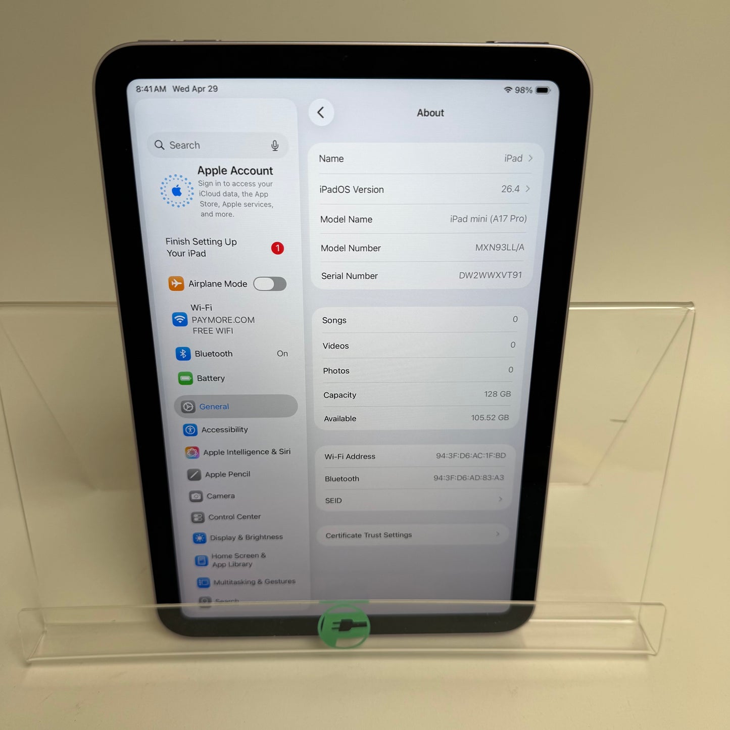 WiFi Only Apple iPad mini (A17 Pro) 128GB Purple MXN93LL/A
