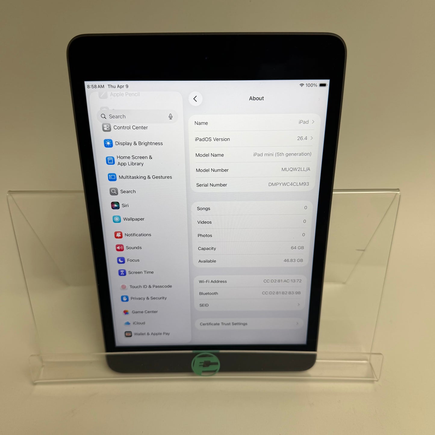 WiFi Only Apple iPad Mini 5th Gen 64GB Space Gray MUQW2LL/A