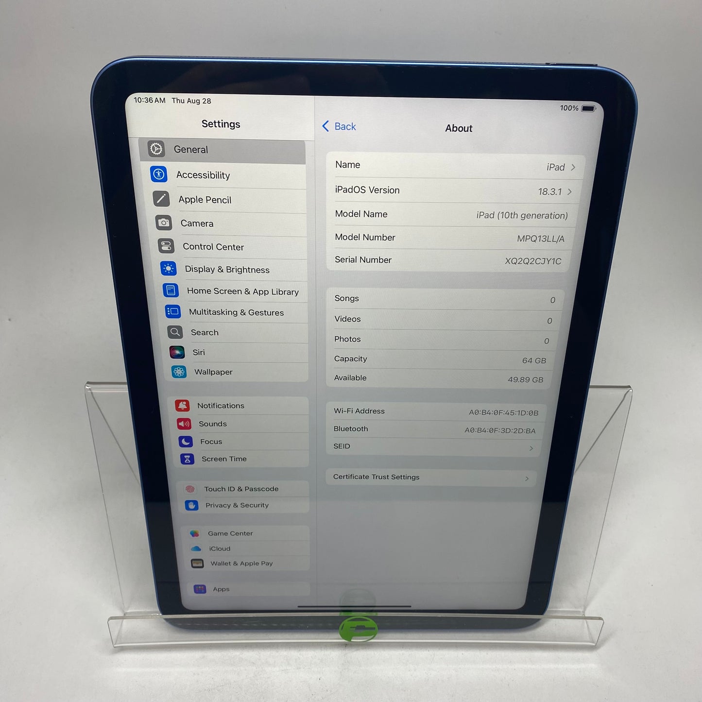 WiFi Only Apple iPad 10th Gen 64GB 18.3.1 Blue MPQ13LL/A