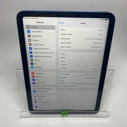 WiFi Only Apple iPad 10th Gen 64GB 18.3.1 Blue MPQ13LL/A