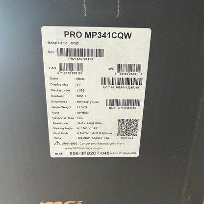 New MSI 34" MP341CQW UWQHD VA 100Hz Curved Gaming Monitor