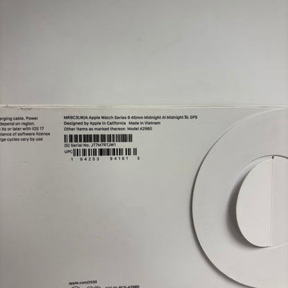 New GPS Only Apple Watch Series 9 45MM Midnight Aluminum MR9C3LW/A