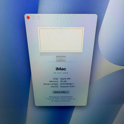 2024 Apple iMac 24" M4 8 Core 4.5GHz 16GB RAM 256GB SSD Blue MWUF3LL/A
