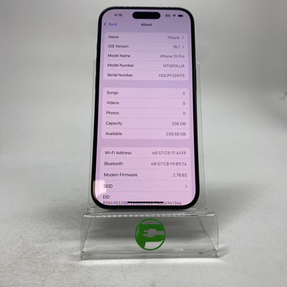 Factory Unlocked Apple iPhone 15 Pro 256GB Black Titanium MTQR3LL/A