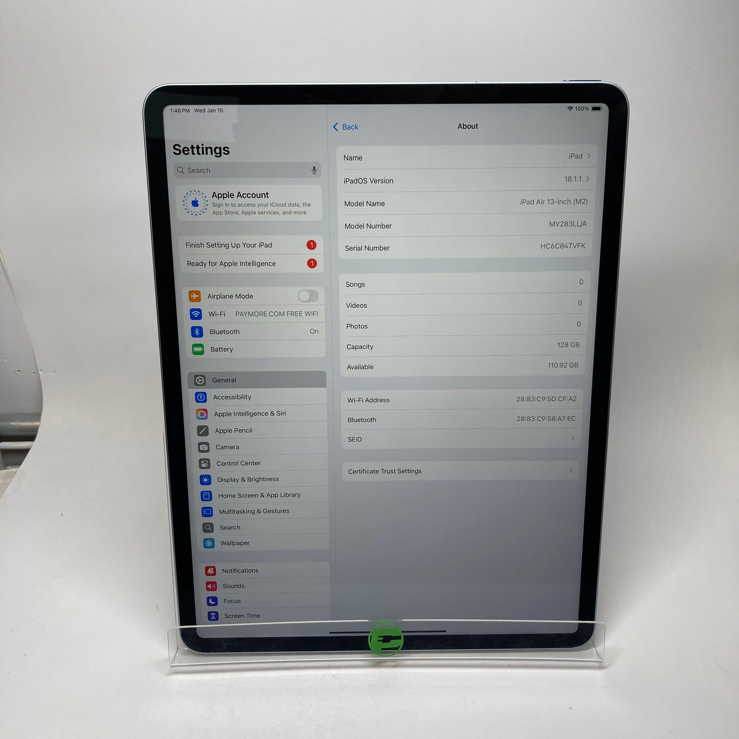 WiFi Only Apple iPad Air 13" M2 128GB 18.1.1 Blue A2898