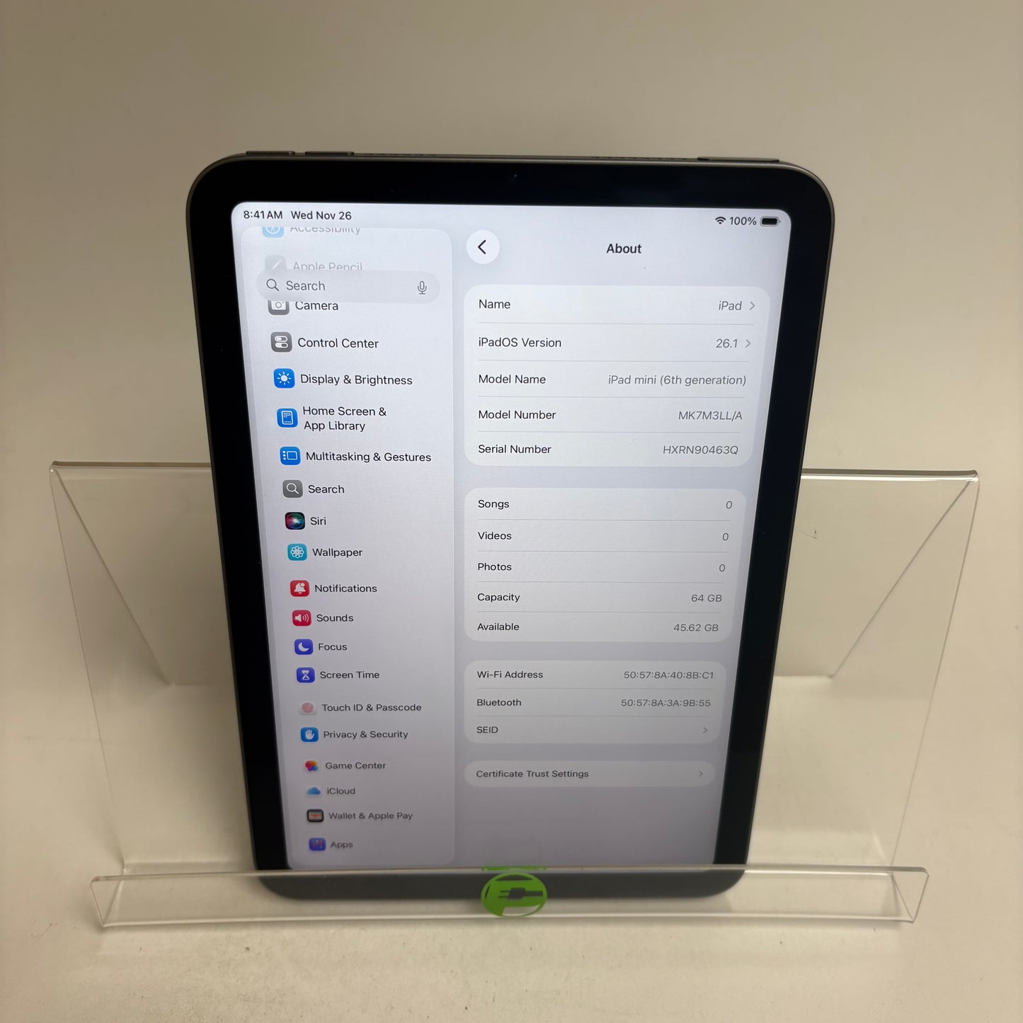 WiFi Only Apple iPad Mini 6th Gen 64GB Space Gray MK7M3LL/A