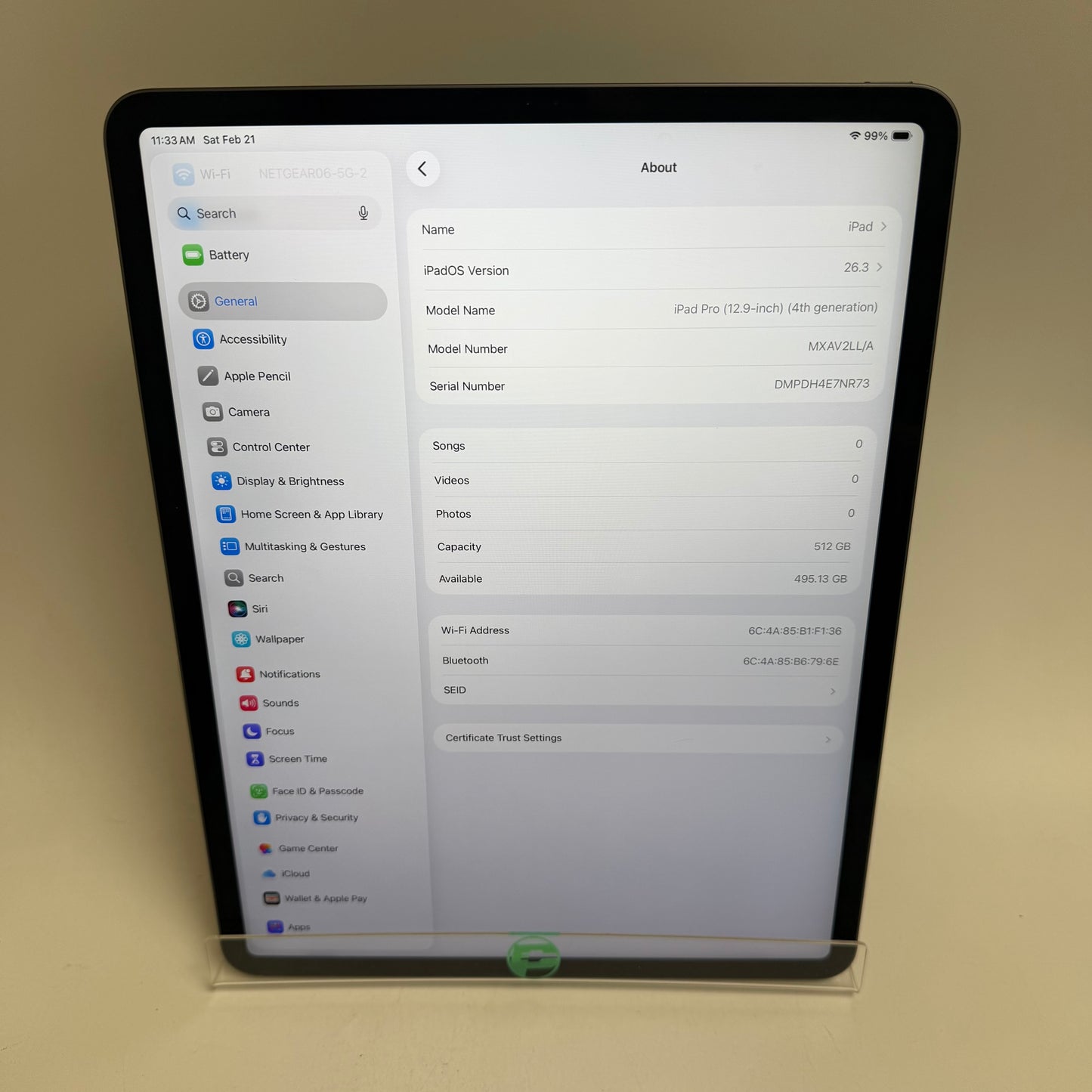 WiFi Only Apple iPad Pro 12.9" 4th Gen 512GB Space Gray MXAV2LL/A